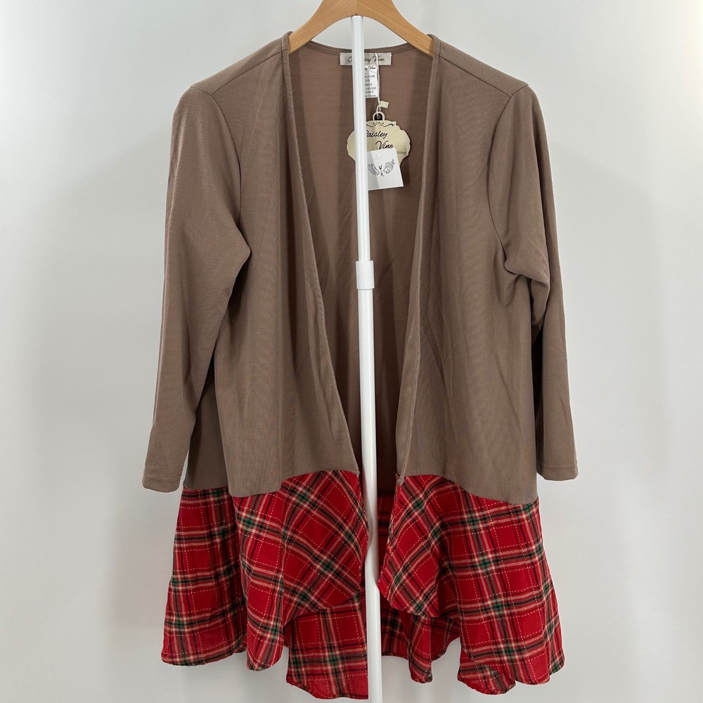 Paisley Vine Taupe Ribbed Open Front Cardigan Red Plaid Ruffle Hem YJ155B NWT L